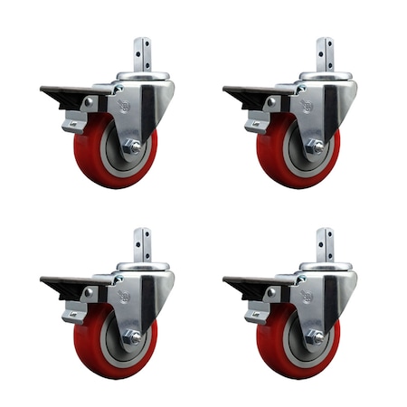 Service Caster 3.5'' Red Poly Wheel Swivel 3/4'' Square Stem Caster Set with Brake, 4PK SCC-SQ20S3514-PPUB-RED-PLB-34-4